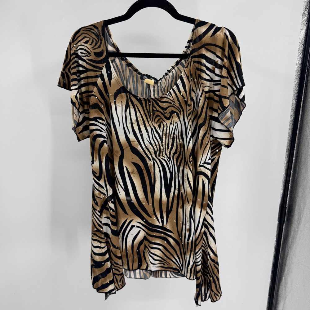 Brittany Black VTG XL Zebra Animal Print Rhinestone Sheer Blouse Brown Black y2k